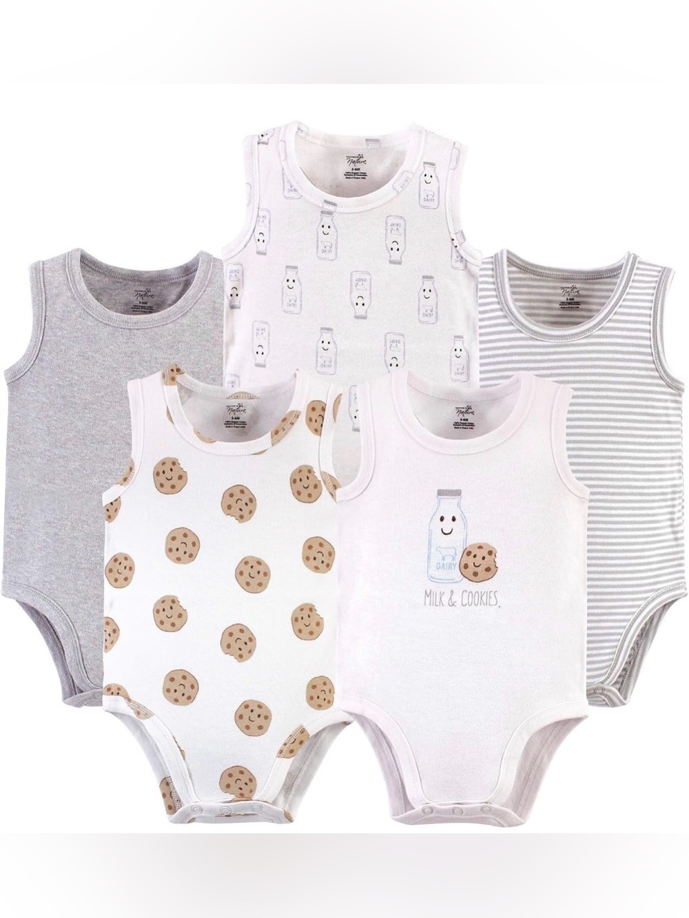 5-Pack Baby Girls/Toddlers Milk & Cookies Sleeveless Bodysuits - White & Gray